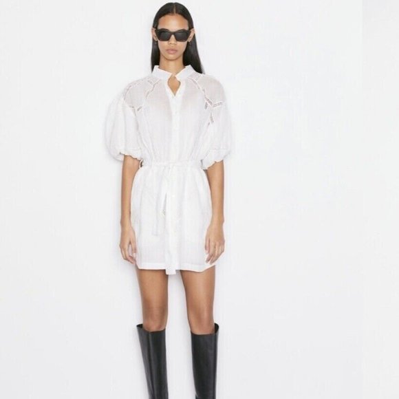 FRAME Lace Puff-Slv Ramie Shirt Dress Anthropologie Shopbop Revolve Saks Sz XS - Picture 1 of 16